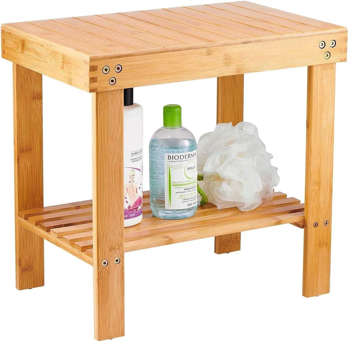 VaeFae Bamboo Spa Bench Wood Seat Stool Foot Rest Shaving Stool with Non-Slip Feets Storage Shelf for Shampoo Towel,Works in Bathroom/Living Room/Bedroom/Garden Leisure - WoodArtSupply