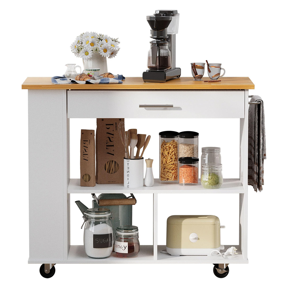 Shintenchi Kitchen Island on Wheels with Storage, Wheeled Island & Cart with 3-Tier Spice Rack, 3 Open Shelves and 1 Drawer, White Shintenchi