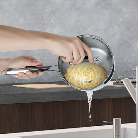 SLOTTET Tri-Ply Full Body Stainless Steel Sauce Pan with Steamer,1.5 Quart Small Multipurpose Pasta Pot with Strainer Glass Lid, Saucepan with Pour Spout for Cooking Stay-cool Handle. SLOTTET