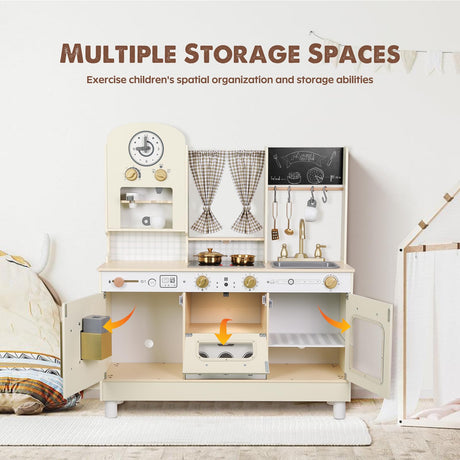 EDUBEBO Kids Kitchen playset, Wooden Play Kitchen, Height Adjustable, Comes with Various Kitchen Accessories, Ideal Role Play Toy Gift for Toddlers and Kids Ages 3-8 (White) EDUBEBO
