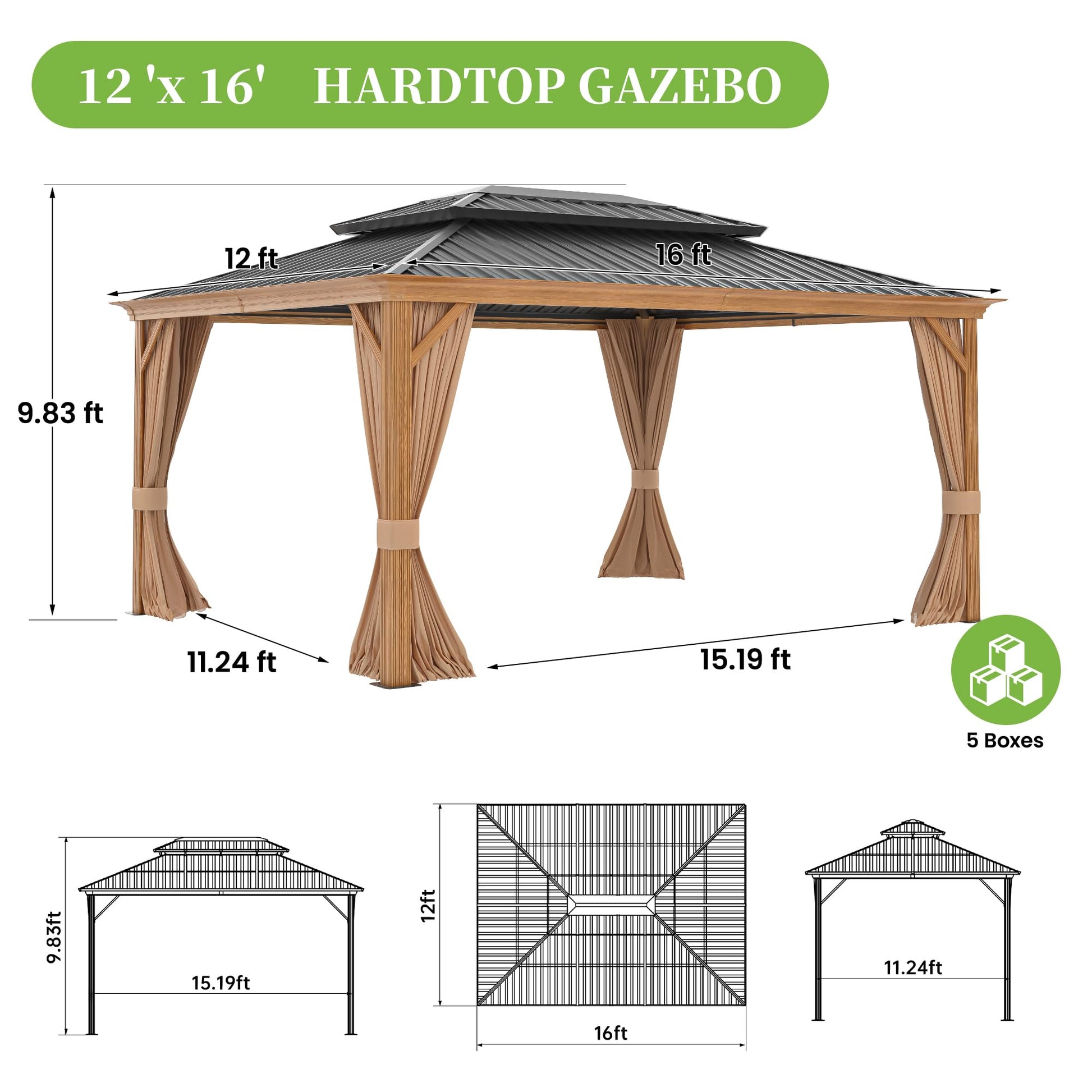 12' x 16' Hardtop Gazebo, Metal Gazebos with Aluminum Frame, Double Galvanized Steel Roof, Outdoor Permanent Gazebo with Curtains and Netting for Patio Lawn Backyard and Garden(Woodgrain Grey - WoodArtSupply