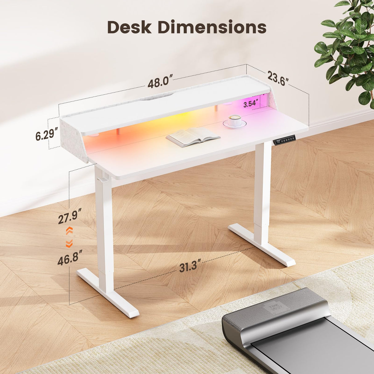 ErGear Standing Desk with LED Strip, 48″ x24″ Electric Height Adjustable RGB Gaming Desk with Shelf, Sit Stand Desk with Dual Cable Holes, C-Clamp Mount Compatible, 4 Preset Heights, White ErGear