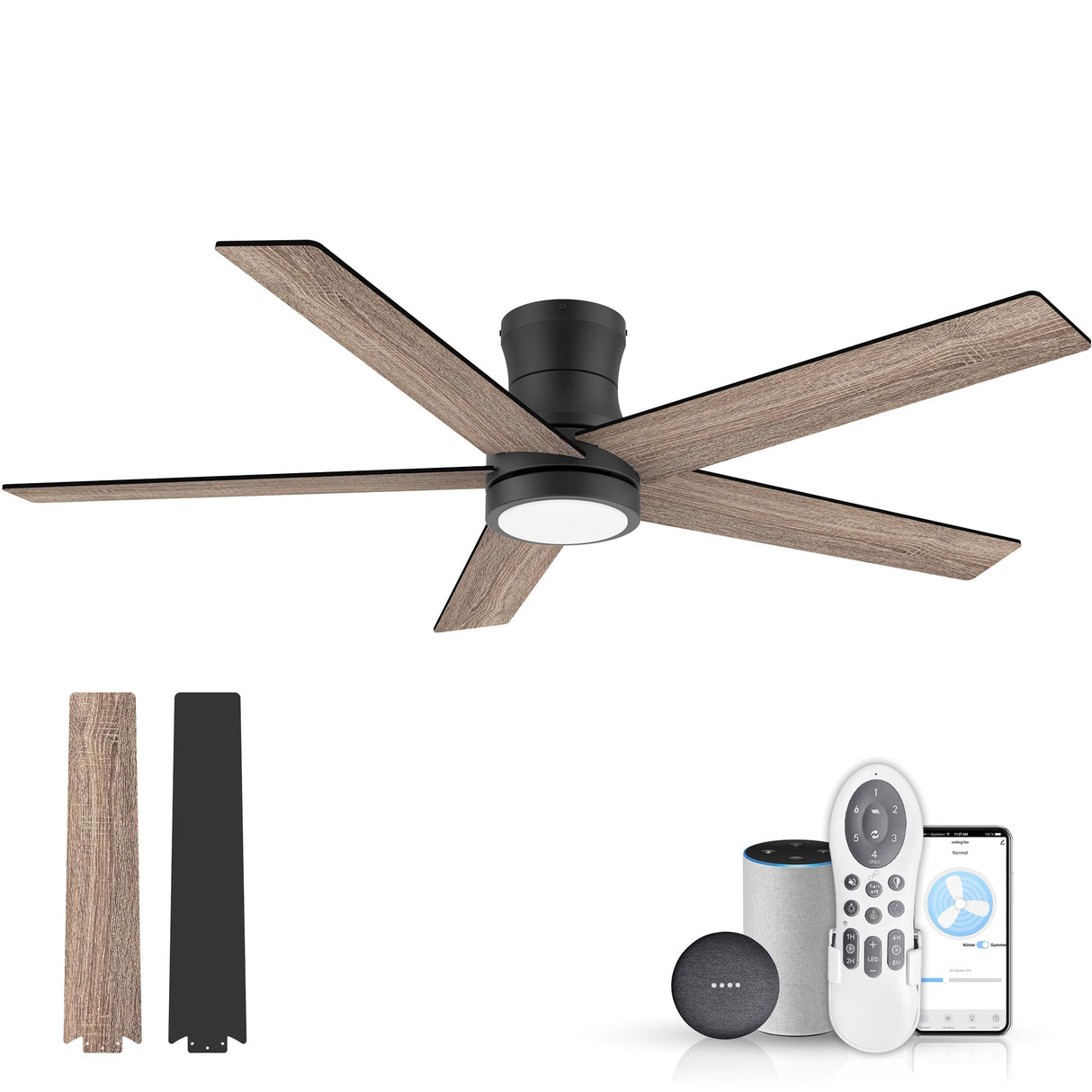 52" Smart Wood Low Profile Ceiling Fan with Lights Remote,Outdoor Indoor Flush Mount Ceiling Fans,Controll by Voice WIFI Alexa App,Quiet DC Motor,Modern Black Walnut Fan for Bedroom Living Room Patio Lorpies