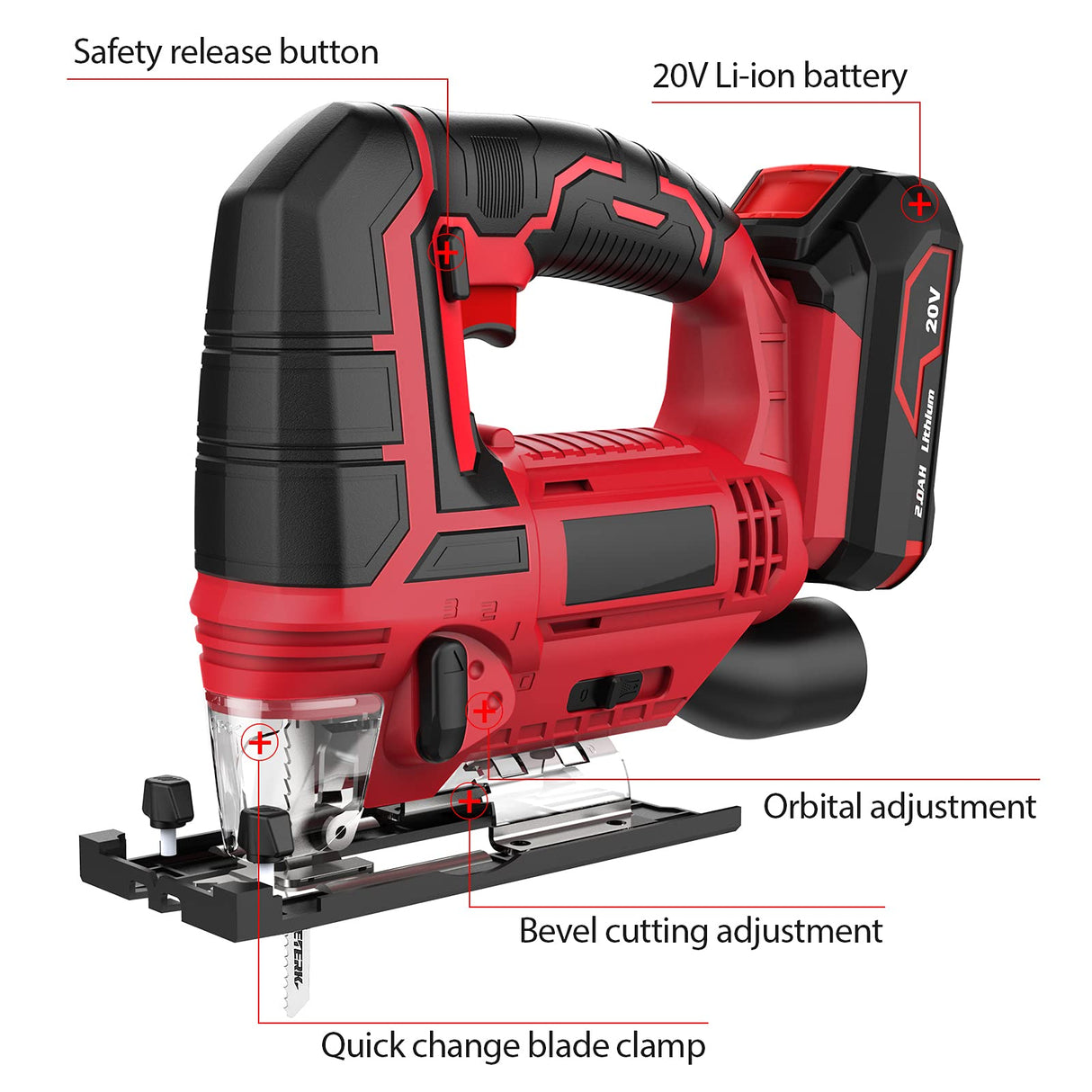 Irfora Jig Saw 20V Cordless Jigsaw for Woodworking with 4 Orbital Settings 2700 SPM 10-Piece T-Shank Blade Set 2.0 Ah Battery Fast Tool-Free Blade Clamp 45° Adjustment LED Light Parallel Saw Irfora
