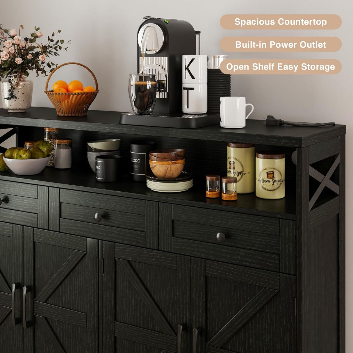 Befrases 51" L Modern Farmhouse Sideboard Buffet Cabinet, Black Storage Cabinet with Drawers & Shelves, Kitchen Pantry Hutch Cabinet, Coffee Bar Station Table for Living Room, Dining Room, Entryway Befrases