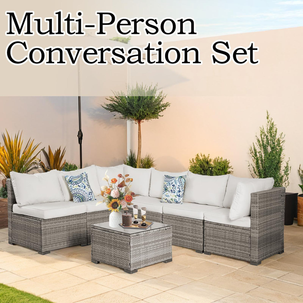 7 Piece Outdoor Patio Sectional Sofa Set, All-Weather Wicker Patio Furniture Set, with able Cushions & Tempered Glass Table for Backyard, Poolside, Garden Patio Conversation Sets Generic