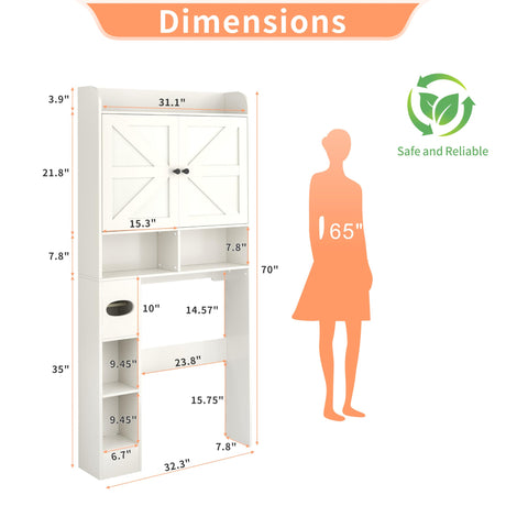 MUUEGM Over The Toilet Storage Cabinet with Barn Doors, White Bathroom Organizer, Farmhouse Tall Bathroom Storage Cabinet with Toilet Paper Holder, Above Toilet Shelf for Restroom, Laundry MUUEGM