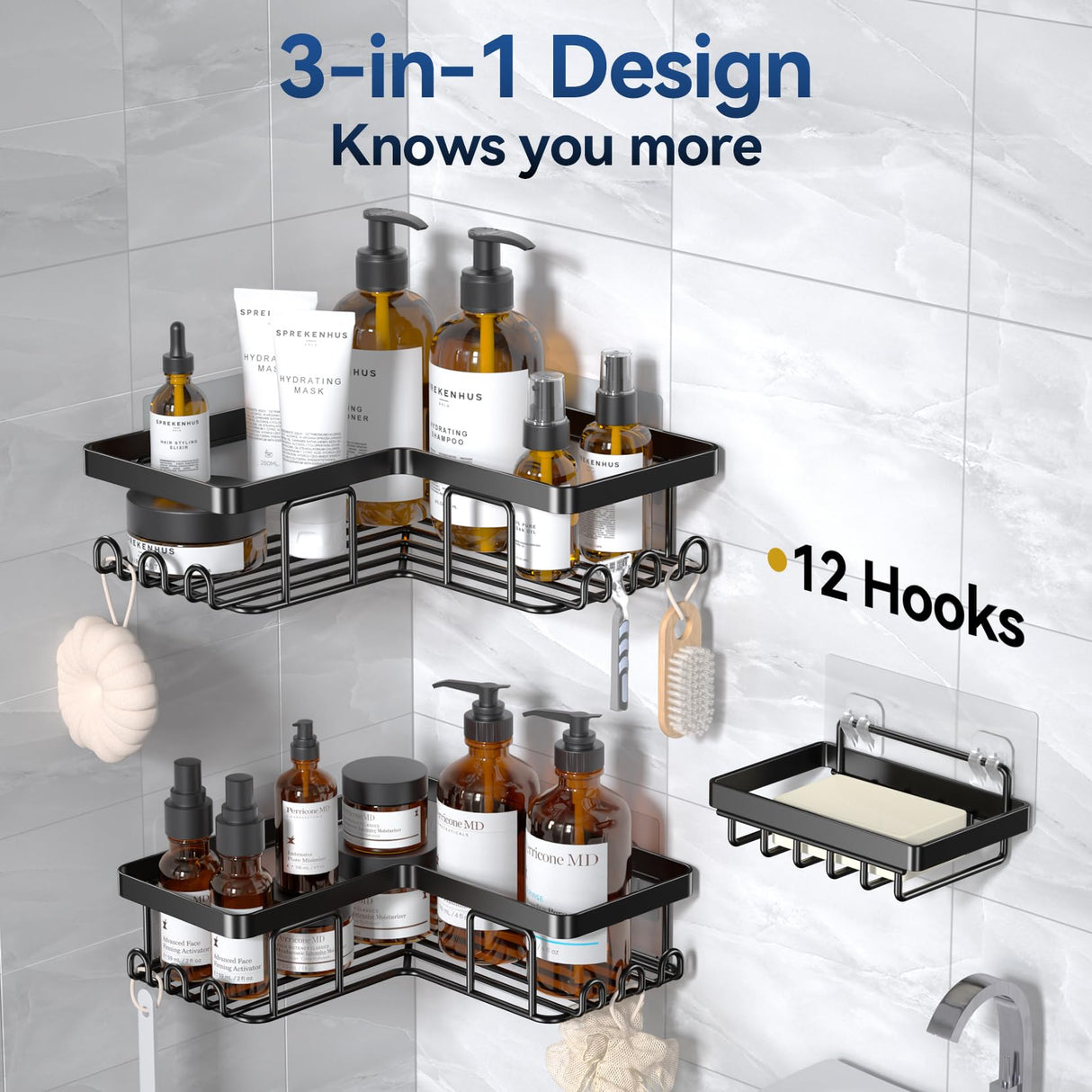 YASONIC Corner Adhesive Shower Caddy, with Soap Holder and 12 Hooks, Rustproof Stainless Steel Bathroom Organizer, No Drilling Wall Mounted Rack, Black, 3-Pack YASONIC