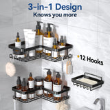 YASONIC Corner Adhesive Shower Caddy, with Soap Holder and 12 Hooks, Rustproof Stainless Steel Bathroom Organizer, No Drilling Wall Mounted Rack, Black, 3-Pack YASONIC
