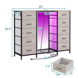 LUMTOK 55W 2-in-1 Dresser with Hanging Rack, 10 Drawers Dresser for Bedroom,Dressers with Fabric Drawers,LED Lights, Charging Station and Hanging Racks for Bedroom (Greige) LUMTOK