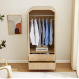 LEVNARY Arched Armoire Wardrobe Closet, Mid-Century Modern 2-Door Freestanding Wardrobe with Hanging Rod and 2 Drawers, Fluted Carved Clothing Storage Cabinet for Bedroom (Natural) LEVNARY