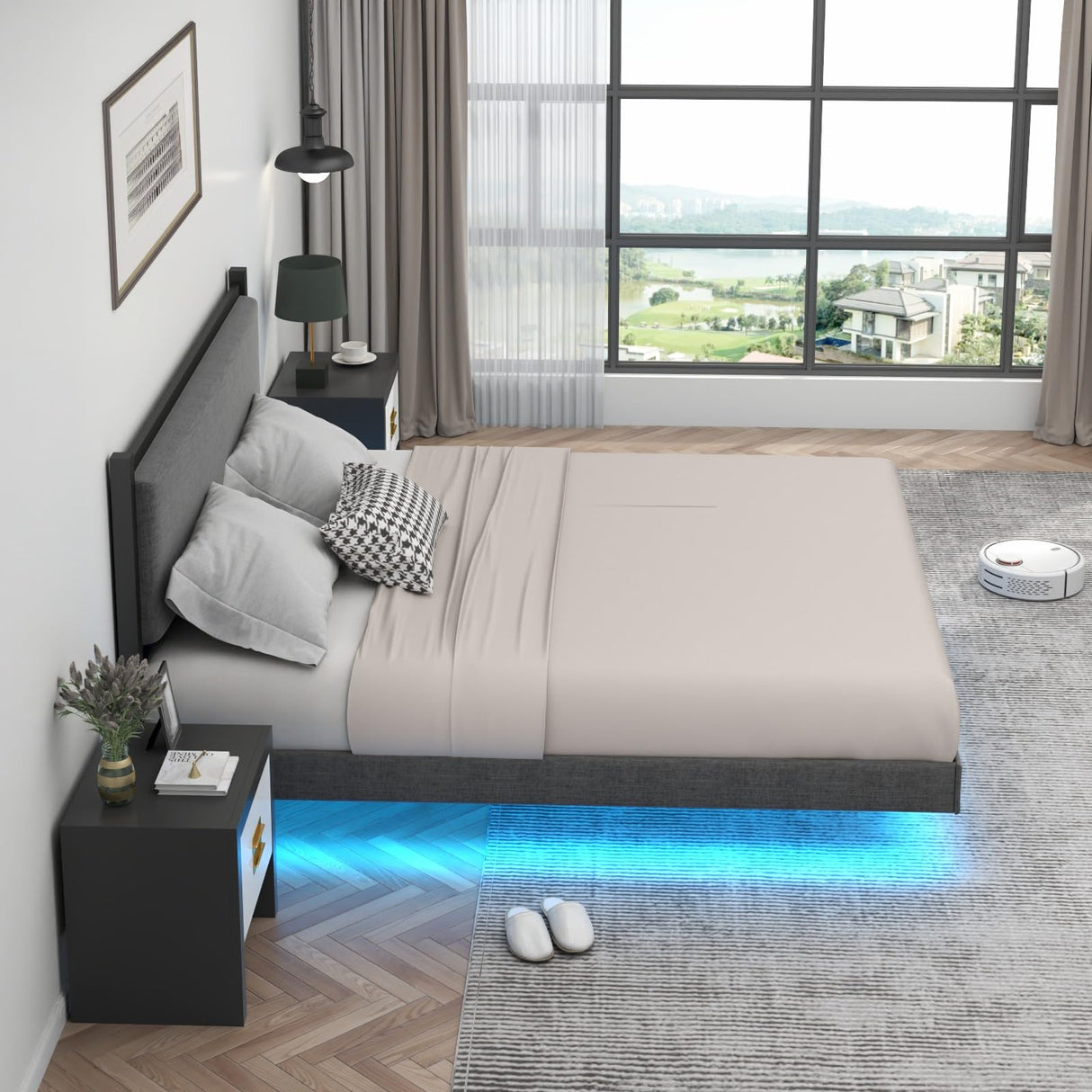 Gyfimoie Modern Queen Floating Bed Frame with LED Lights - Stylish Upholstered Platform for Effortless Assembly Gyfimoie
