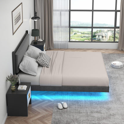 Gyfimoie Modern Queen Floating Bed Frame with LED Lights - Stylish Upholstered Platform for Effortless Assembly - WoodArtSupply