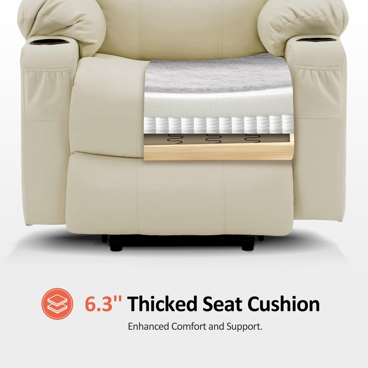 MCombo Large Power Lift Recliner Chair with Massage and Heat for Tall Elderly People, 3 Positions, Cup Holders, and USB Ports, Faux Leather 7516 (Large, Cream White) MCombo