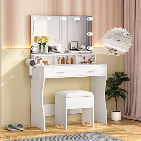 Vabches Makeup Vanity with Lighted Mirror & Power Outlet, White Vanity Set Vanity Desk, Clearance Makeup Vanity 3 Lighting Colors, Brightness Adjustable, 31.5in(W) Vabches