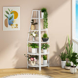 Furnulem 5 Tier Corner Shelf with LED Light, 67.2” Tall Standing Shelf for Wall Corner, Narrow Bookshelf Ladder Shelf for Bedroom, Living Room, Plant, Wood Storage Rack, Metal Frame (White) Furnulem