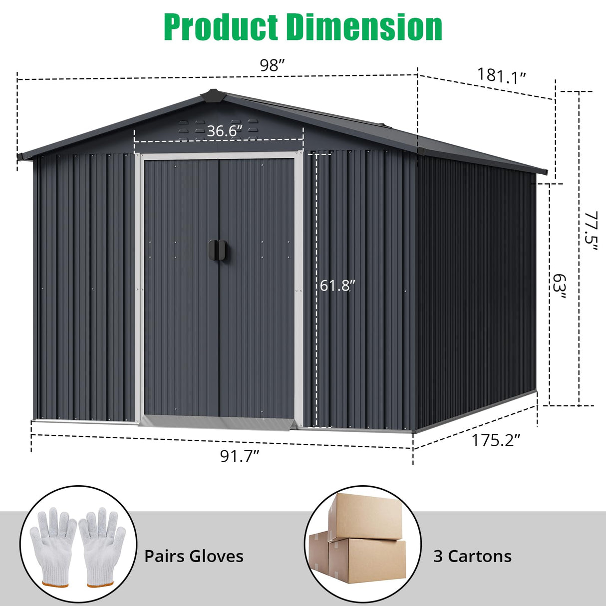 Acekool 8x15 FT Outdoor Metal Storage Shed, Large Garden Tool Shed with Lockable Door and Vents, Waterproof Galvanized Metal Sheds for Tools & Equipment, Garbage Can, Bike, Mower, Gray Acekool
