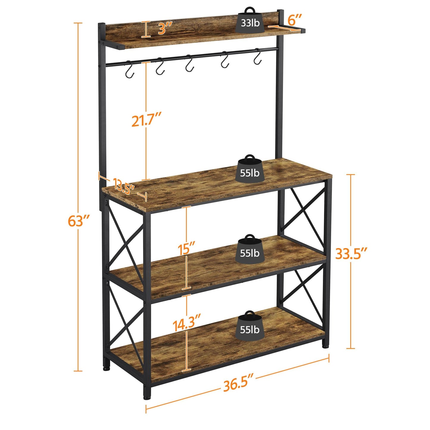 Yaheetech Kitchen Bakers Rack with Storage, 36.5" Width Utility Storage Shelf Coffee Bar with 5 Hooks, Large Microwave Stand for Kitchen, Dining Room, X Designed, Rustic Brown