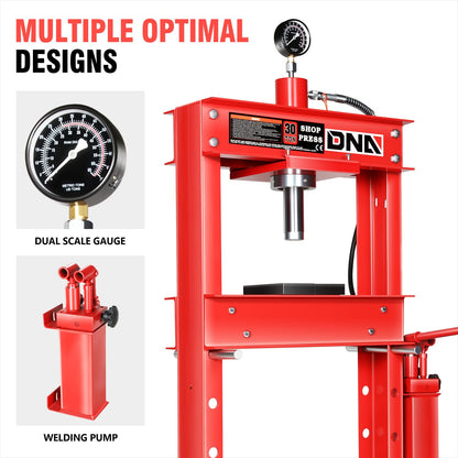 DNA MOTORING 30 Ton Manual Hydraulic Shop Press with Plates, H-Frame Garage Floor Press, 30T / 66139lbs, Adjustable Height, TOOLS-00291