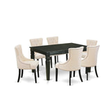 East West Furniture WEFR7-BLK-02 7 Piece Dinette Set Consist of a Rectangle Dining Room Table with Butterfly Leaf and 6 Light Beige Linen Fabric Upholstered Chairs, 42x60 Inch, Black East West Furniture