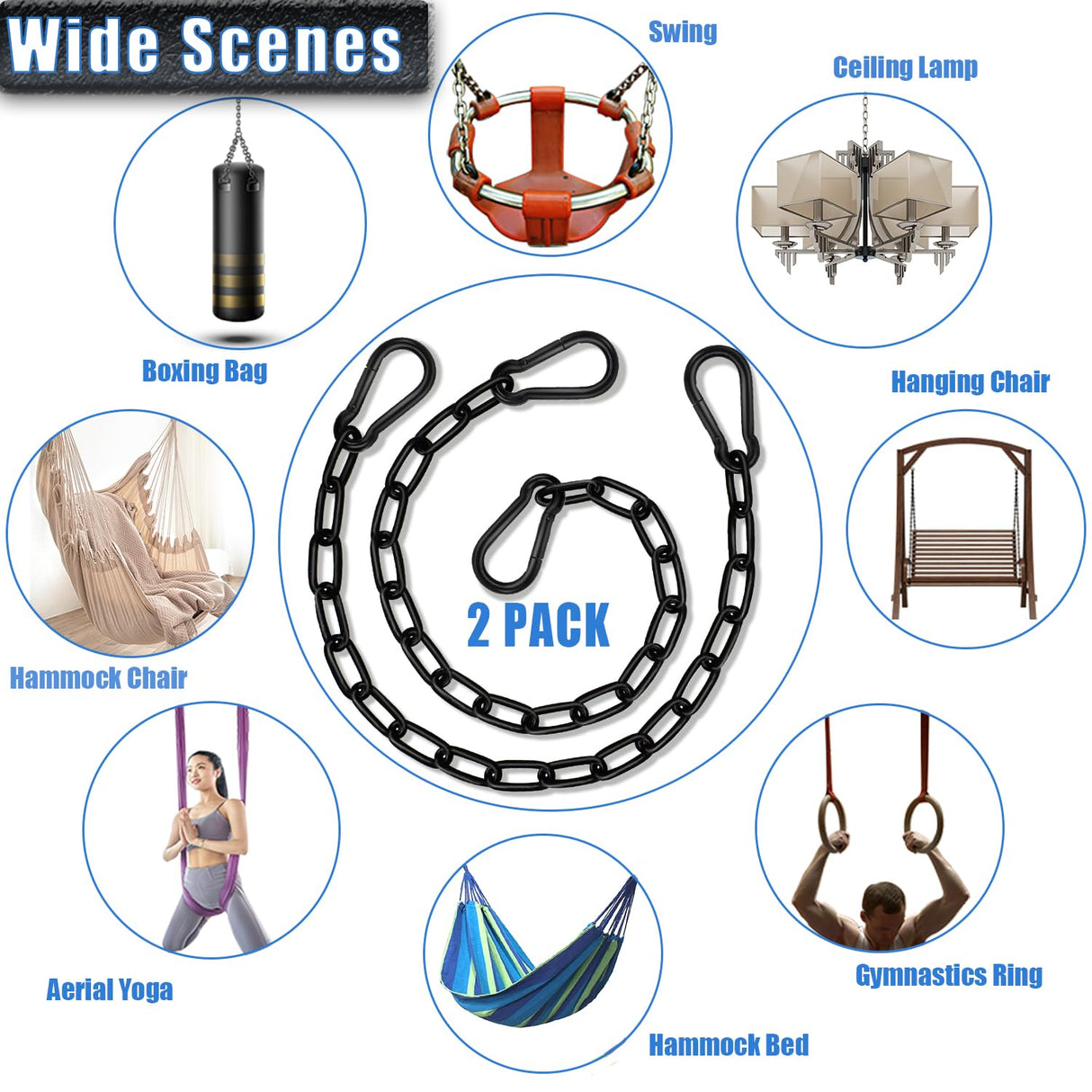 Gelury Hanging Swing Chain 25.6In, 2 Pack Heavy Duty 1000LB Capacity, Hammock Extender Kit With 4 Carabiners for Punching Bags, Swing Chairs (2Pack, Black) Gelury