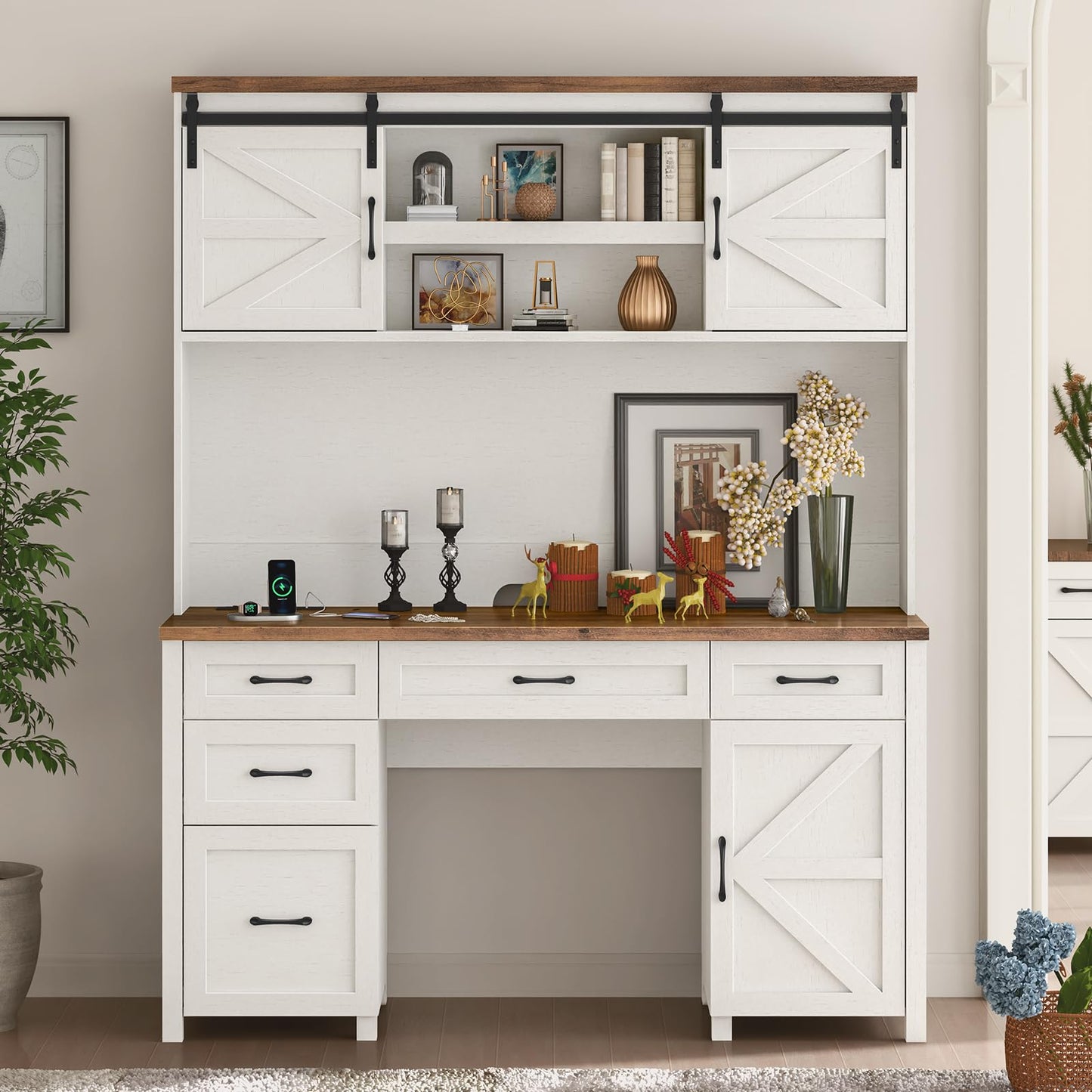 Farmhouse 67" H Executive Desk with Hutch,Office Desk with 5 Drawers, Computer Desk with Storage Cabinet & File Drawers and Charging Station, Wood Workstation for Home Office and Study - WoodArtSupply