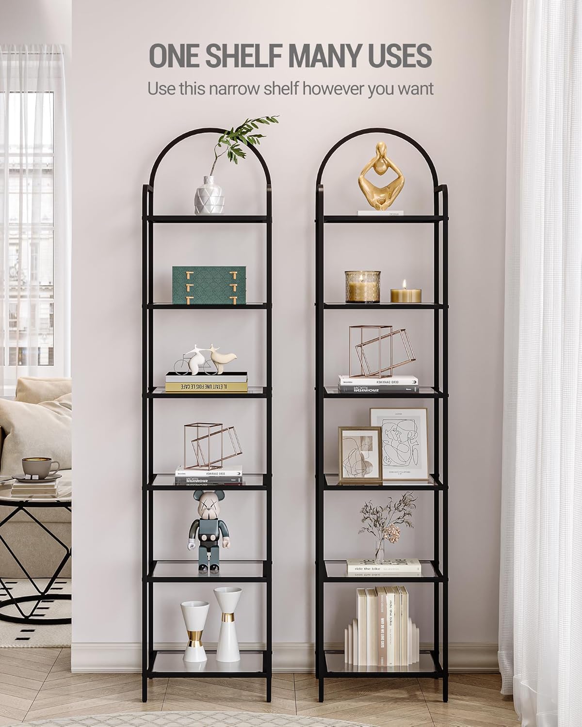 Hzuaneri Bookcase Bookshelf, Tempered Glass Bookshelves, Slim Shelving Unit for Bedroom, Bathroom, Home Office, Steel Frame, 6 Tier Black BC10601B Hzuaneri