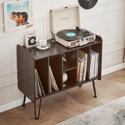 Alessing Large Record Player Stand, Record Player Stand with Vinyl Storage, Mid-Century Record Player Table with 6 Cabinet Holds Up to 200 Albums for Living Room Bedroom Office, Walnut Brown