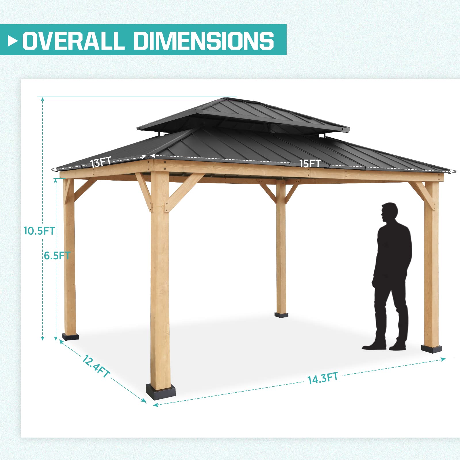 EAGLE PEAK 13x15 Hardtop Wood Gazebo, Outdoor Cedar Wood Frame Pavilion with Galvanized Steel Double Roof, for Patio, Deck, Backyards, Garden,Natural Wood/Black - WoodArtSupply