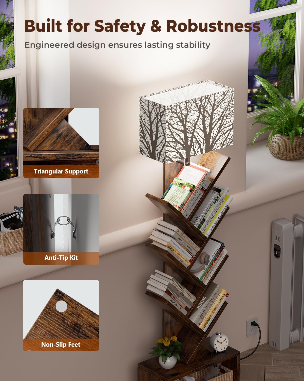 Evermagin Tree Bookshelf with Light, 6 Tier Small Bookcase, Narrow Floor Standing Book Tower Organizer with Storage Cabinet for Living Room, Bedroom & Home Office, Rustic Brown Evermagin