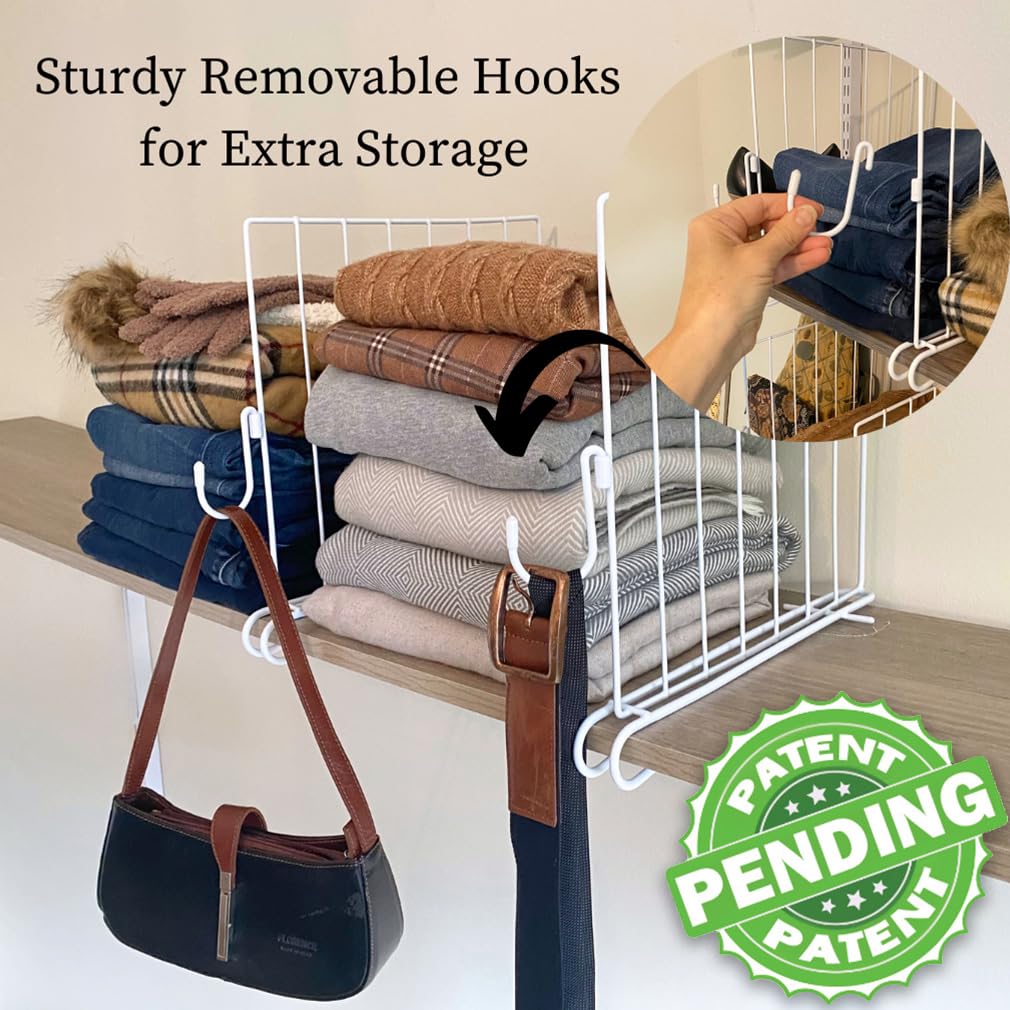 Evelots Shelf Dividers for Wood Shelf with New Patent Pending Removable Hooks, 8 Pack Closet Organizers and Storage for Clothes, Purse, Pantry - Solid Steel-12 Inch Shelf -Reinforced Wide Bottom Evelots
