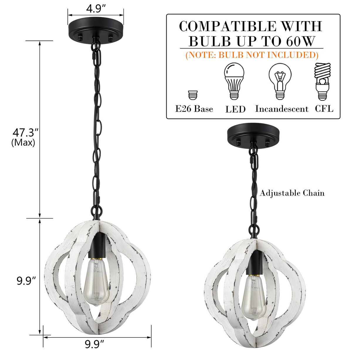 SAMTEEN Farmhouse Wooden Pendant Light Distressed White Wood Chandelier 1-Light Modern Wooden Pendant Light Fixtures for Kitchen Island Dining Room Bedroom SAMTEEN