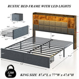 TIGUBFRE King Size Bed Frame with Bookcase Storage Drawers, LED Lights, Upholstered Platform Bed Frame with Headboard, Charging Station, Metal Slats Support, Noise Free, No Box Spring Needed, Grey TIGUBFRE
