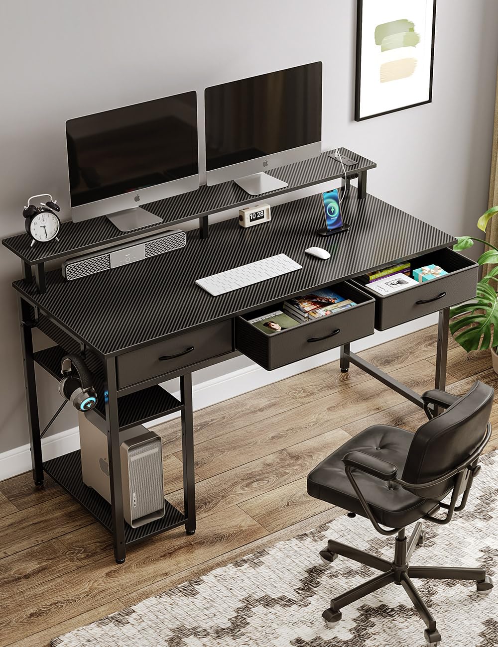 Rolanstar Computer Desk with Power Outlets & LED Light, 47 inch Home Office Desk with 3 Drawers and Storage Shelves, Writing Desk with Monitor Stand, Modern Work Desk for Home Office, Carbon Black Rolanstar