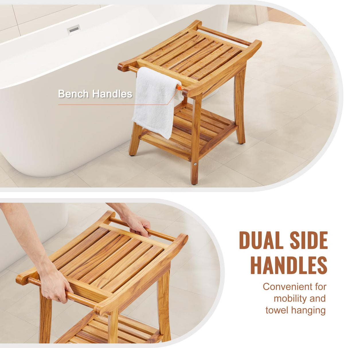 VEVOR Teak Shower Bench with Handles, 22in Waterproof Wood Shower Stool with Storage Shelf Non-Slip Feet, 300 lbs Load Capacity Shower Chair Seat, for Bathroom Indoor and Outdoor Use VEVOR