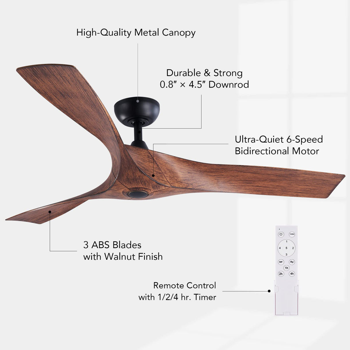 VONLUCE 52" Industrial Ceiling Fan No Light with Remote Control, Mid Century Ceiling Fans with 3 Walnut ABS Blades DC Motor, Indoor Ceiling Fan for Kitchen Bedroom Living Room, Walnut VONLUCE