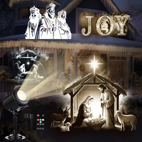 Aurelema Christmas Nativity Scene Projector Lights, 2025 Upgrade 3D Dynamic Joy Jesus Christian Outdoor Indoor Xmas Decorations Lights, 4-Color, 12 HD Effects with Remote for Wall Window Aurelema