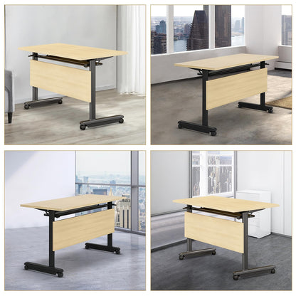 55in conference table,modern wood color office folding Flip Top Mobile Training Table With chair 55"D x 23.6"W x 29.5"H with wheels is convenient suitable for office meeting room classroom use (3Pcs )