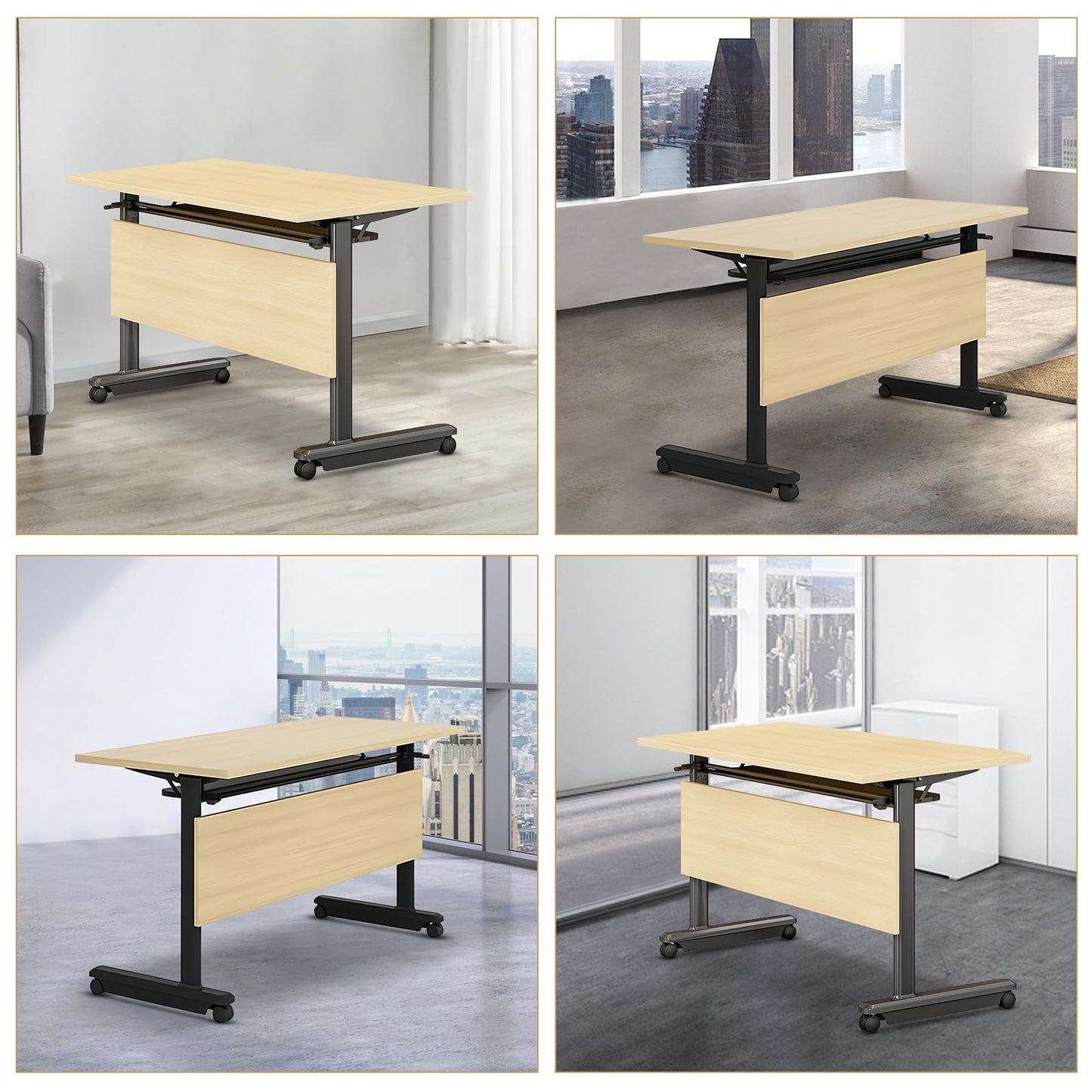 55in conference table,modern wood color office folding Flip Top Mobile Training Table With chair 55"D x 21.6"W x 29.5"H with wheels is convenient suitable for office meeting room classroom use (4Pcs )