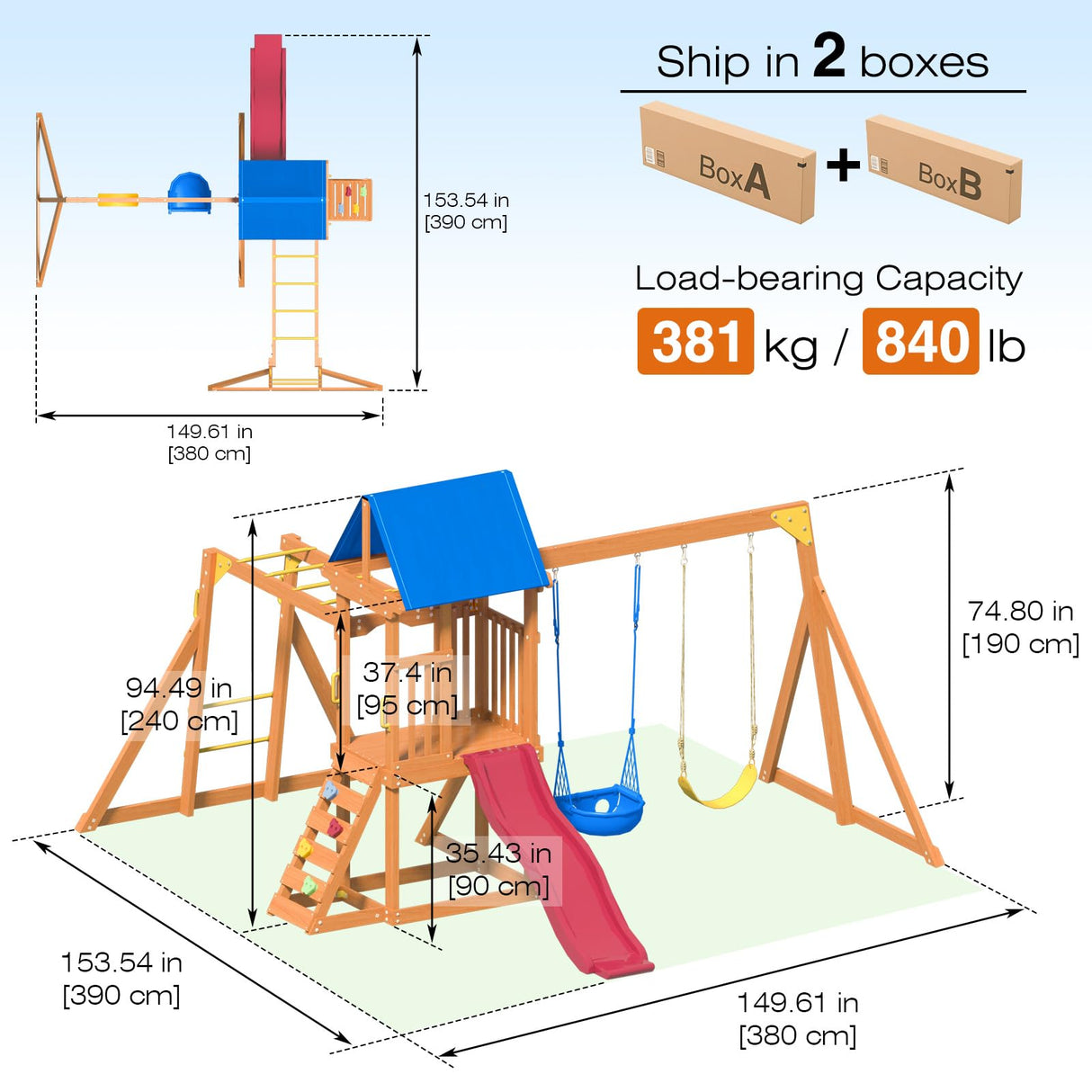 Suniboxi Swing-Sets with Monkey Bars for Backyard, Wooden Playground Set for Kids Ages 3-6, Outdoor Playset with Wave Slide, Play Deck, Rock Wall Ladder, Belt Swings & Canopy for Toddlers to Big Kids SuniBoxi