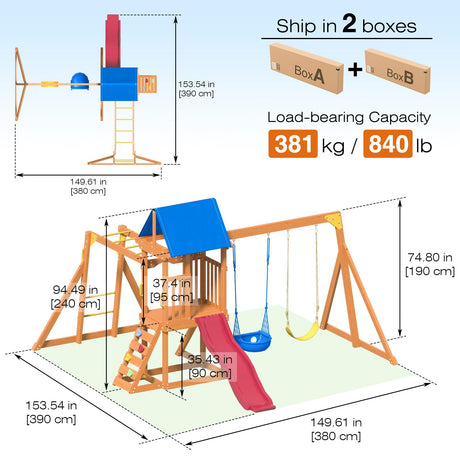 Suniboxi Swing-Sets with Monkey Bars for Backyard, Wooden Playground Set for Kids Ages 3-6, Outdoor Playset with Wave Slide, Play Deck, Rock Wall Ladder, Belt Swings & Canopy for Toddlers to Big Kids SuniBoxi