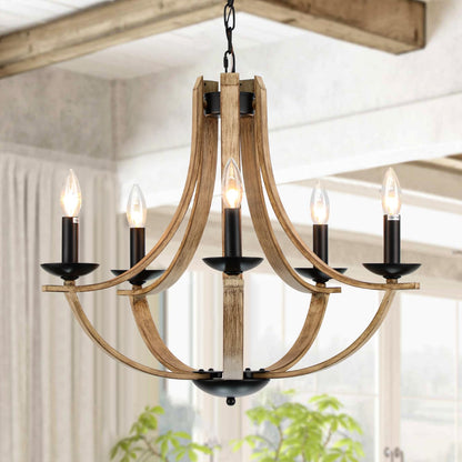 LAMPKEDUO Farmhouse Chandeliers for Dining Room Light Fixture, 5-Light 24 inch Faux Wood Texture Hanging Lighting Fixtures, Rustic Candle Chandeliers for Living Room Kitchen Island Foyer Entryway