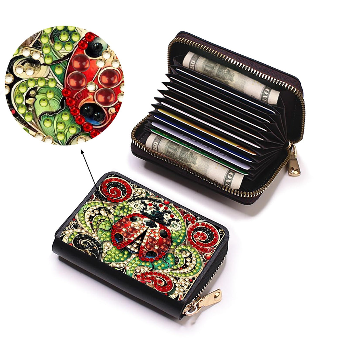 DoxQcs Anti-demagnetization Coin Card Holder, DIY Diamond Art Painting Leather Zipper Card Case Wallet-Ladybird-2 DoxQcs
