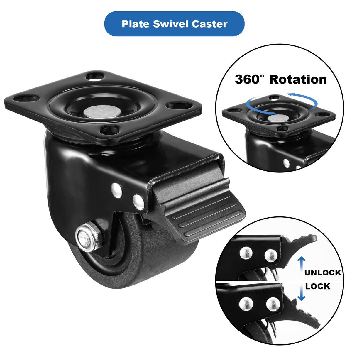 W B D WEIBIDA Plate Swivel Caster Wheels 3-inch Heavy Duty of 4400lbs, Low Gravity Center Design Black Caster Wheels with Brake, Durable & Quiet & Sturdy Nylon Wheels for Industrial, Set of 4 W B D WEIBIDA