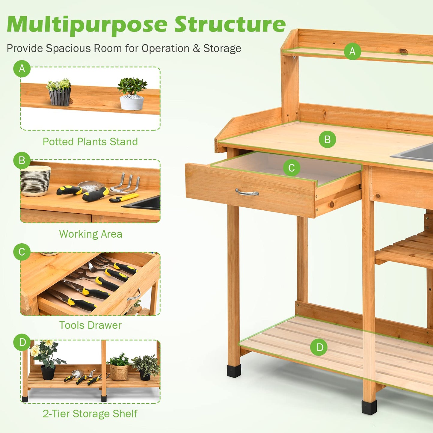 S AFSTAR Outdoor Potting Bench, Wooden Workstation Table w/Removable Sink, Tools Drawer, 3 Tier Open Shelf & 3 Side Hooks, Potting Table Gardening Table for Backyard Garden Supplies - WoodArtSupply