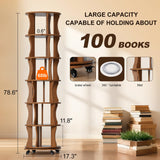 6 Tier Solid Wood Rotating Bookshelf with Wheels, Round Revolving Bookcase Organizer, 360° Spinning Storage Shelf for Corner, Small Narrow Spaces, Home, Office, BedRoom,Living Room,Study Room Drogenble
