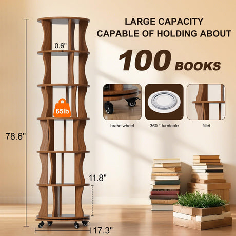 6 Tier Solid Wood Rotating Bookshelf with Wheels, Round Revolving Bookcase Organizer, 360° Spinning Storage Shelf for Corner, Small Narrow Spaces, Home, Office, BedRoom,Living Room,Study Room Drogenble