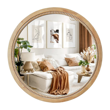 Sawsile Round Decorative Circle Farmhouse Style Mirror - 24inch Rustic Natural Wooden Frame Beads for Bedroom, Bathroom, Living Room or Entryway sawsile