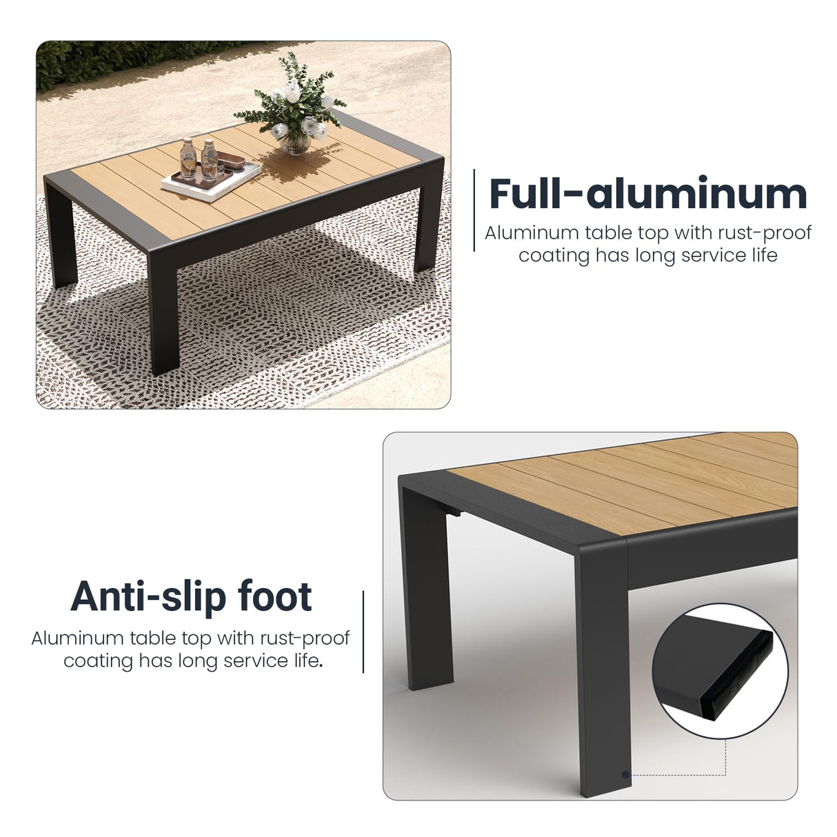 Aeeiua Outdoor Rectangle Patio Aluminum Coffee Tables for Outside, All Weather Patio Slatted Tabletop for Indoor or Outdoor Use Aeeiua