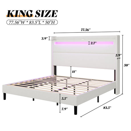 AMERLIFE King Bed Frame with LED Lights & Wingback Headboard, Upholstered Platform Bed with USB & USB-C Ports, No Box Spring Needed/Noise Free/White AMERLIFE